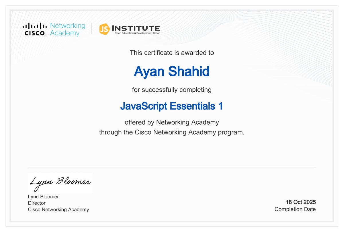 JavaScript Essentials 1 certificate