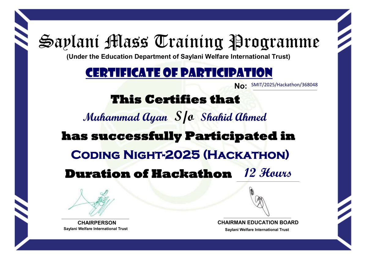 SMIT Coding Night 2025 Hackathon certificate